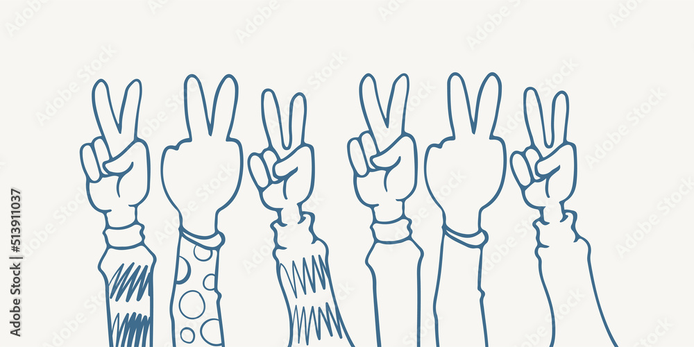 Fototapeta premium hand drawn six hands clapping ovation illustration sketch isolated on white background with peace pose.