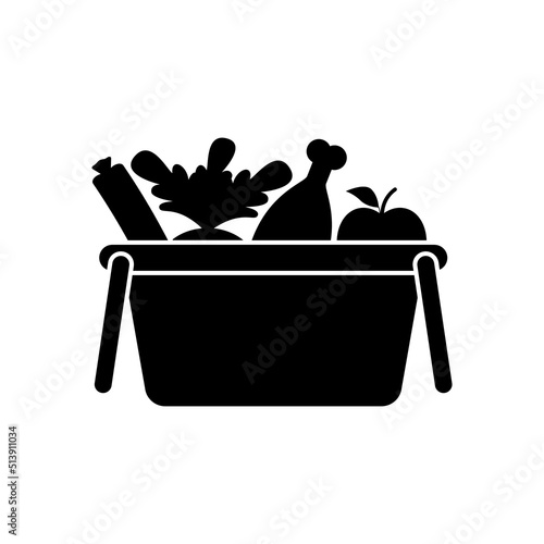 Grocery basket with fruits, vegetables and meat. Plastic shop basket of food from the store. Black silhouette. Vector illustration on white background.