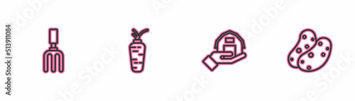 Set line Garden rake, Farm house in hand, Carrot and Potato icon. Vector