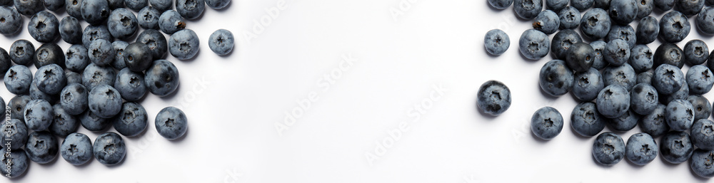 Tasty fresh blueberries on white background, top view with space for text. Banner design Tasty fresh blueberries on white background, top view with space for text. Banner design