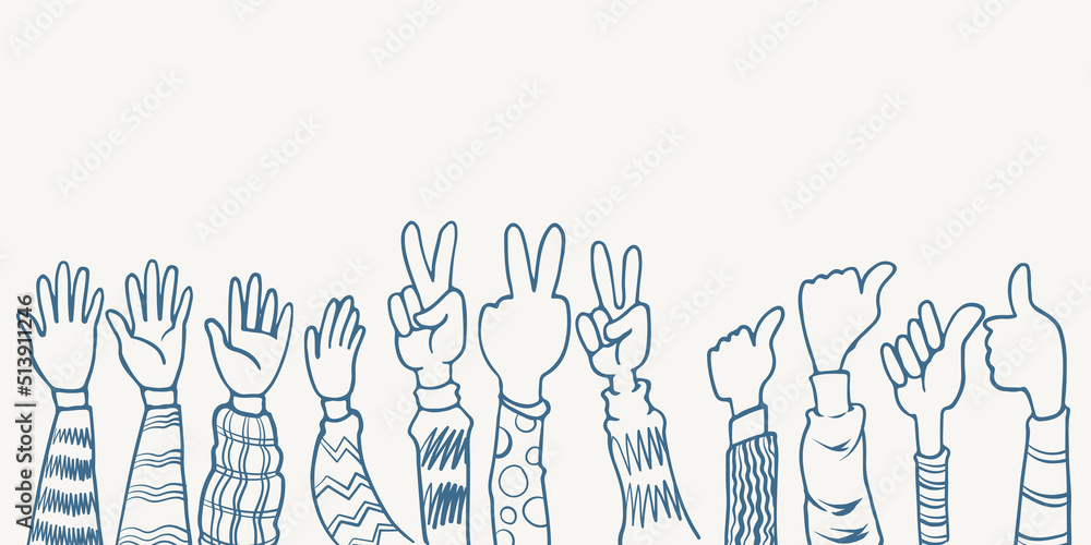 hand drawn hands five, thumb up and peace pose clapping ovation illustration sketch isolated on white background with different clothes.