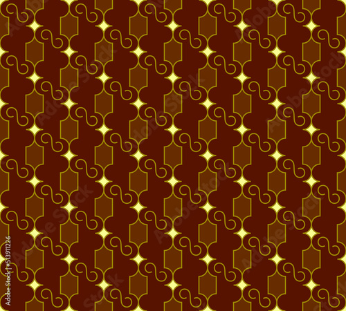 Vector seamless abstract geometric pattern with shapes and swirls on a brown background.