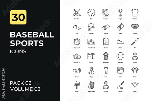 Baseball sports set in two tone color version. Flaticon collection set.