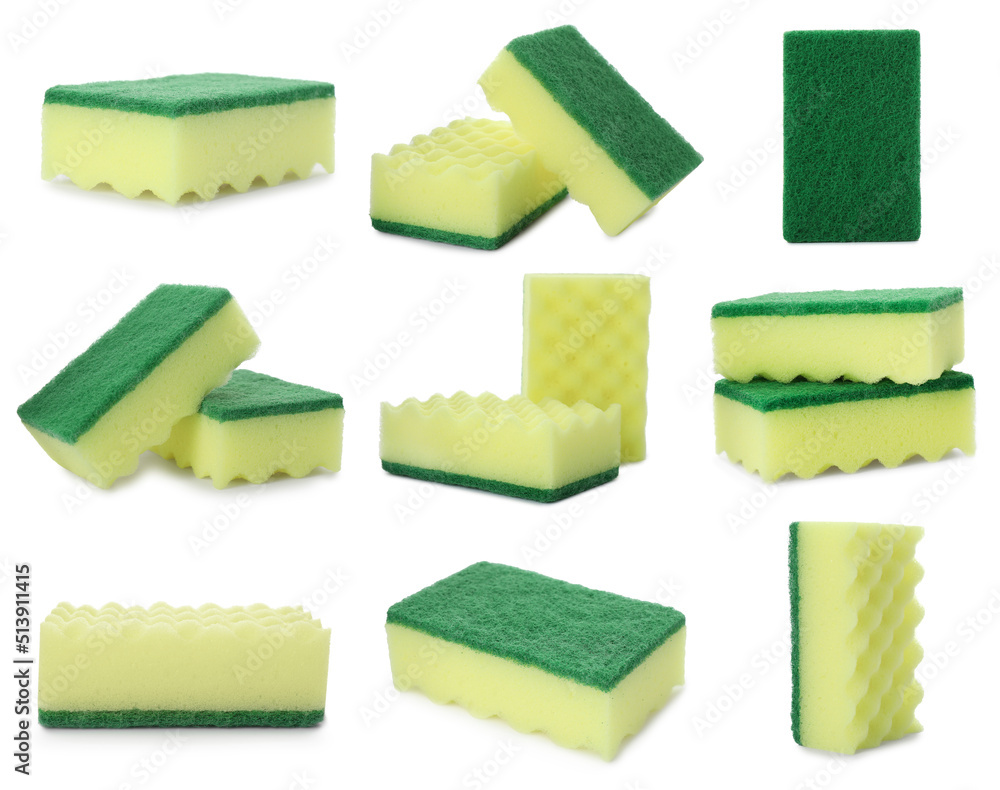 Set with cleaning sponges on white background - obrazy, fototapety, plakaty 