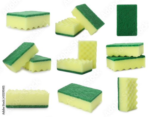 Set with cleaning sponges on white background photo