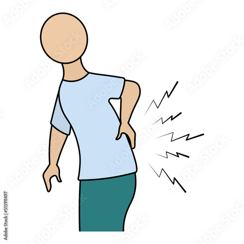 Backache. Color vector illustration. The patient is leaning over and holding his back with his hand. Sparks are coming from the back. Isolated background. Cartoon style. Medical theme. 