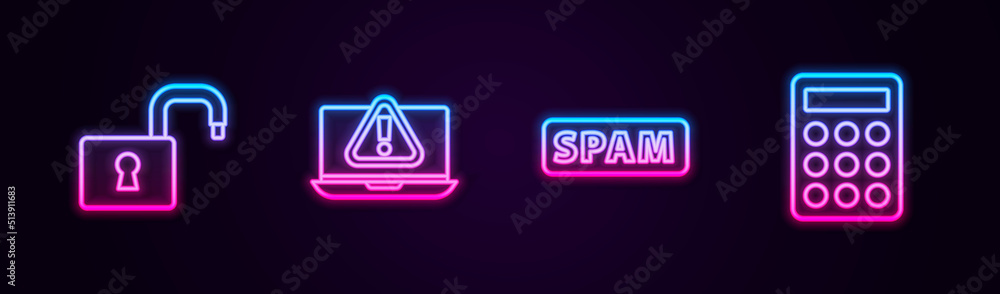 Set line Open padlock, Laptop with exclamation mark, Spam and Password protection. Glowing neon icon. Vector Set line Open padlock, Laptop with exclamation mark, Spam and Password protection. Glowing neon icon. Vector