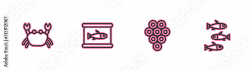 Set line Crab, Caviar, Canned fish and Fishes icon. Vector