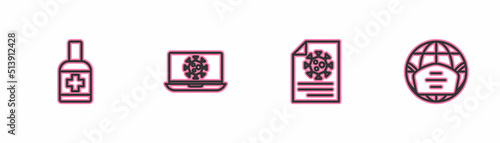 Set line Liquid antibacterial soap, Clipboard with blood test results, Virus statistics on laptop and Earth medical mask icon. Vector