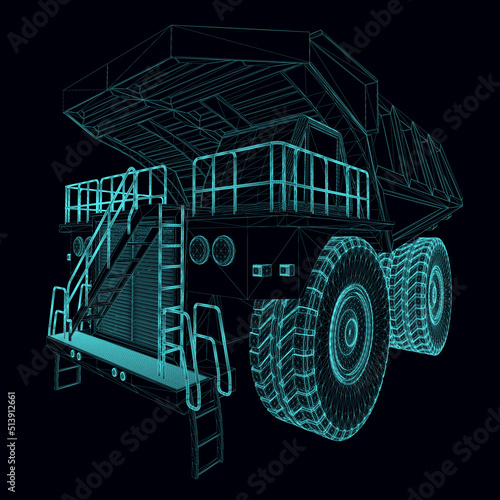 Wireframe of a large dump truck for transportation from blue lines isolated on a dark background. Perspective view. 3D. Vector illustration.