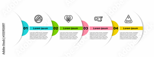Set line No shit, Heart with cat, Retractable cord leash and Dog collar. Business infographic template. Vector