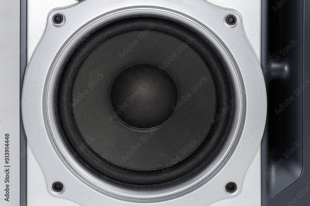 Woofer of the home loudspeaker in silvery housing close-up Woofer of the home loudspeaker in silvery housing close-up