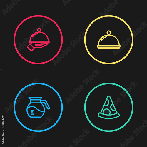 Set line Coffee pot, Slice pizza, Covered with tray and food icon. Vector