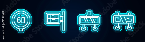 Set line Speed limit traffic, ublic transport board, Road barrier and sign. Glowing neon icon. Vector photo