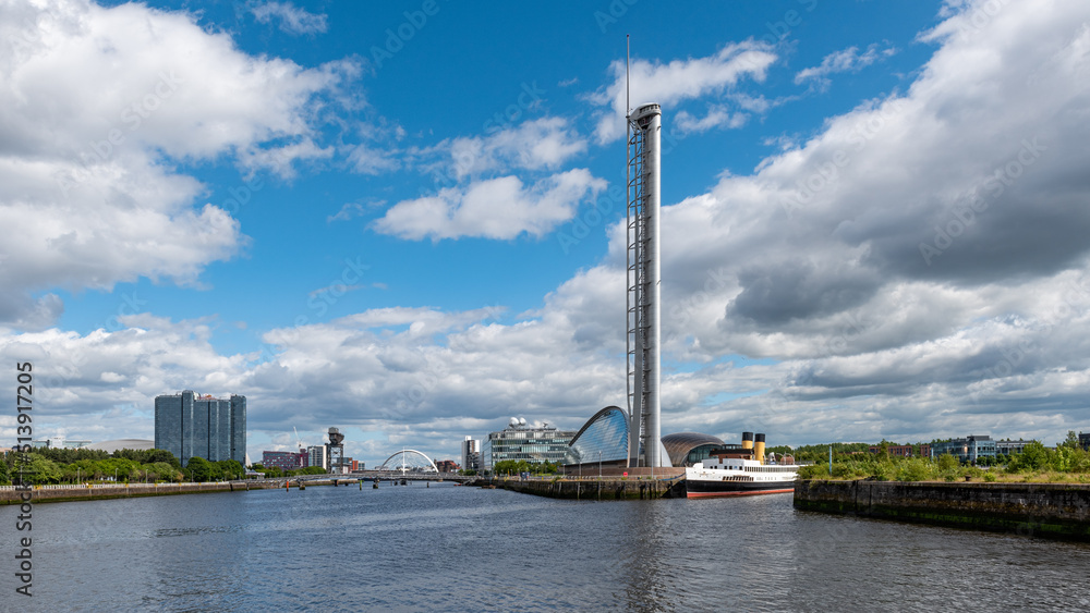 View of the Glasgow waterfront with the science centre and the TS Queen Mary , on the river Clyde