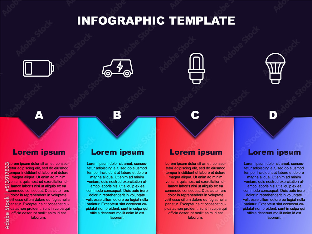 Fototapeta premium Set line Battery, Electric car, LED light bulb and . Business infographic template. Vector