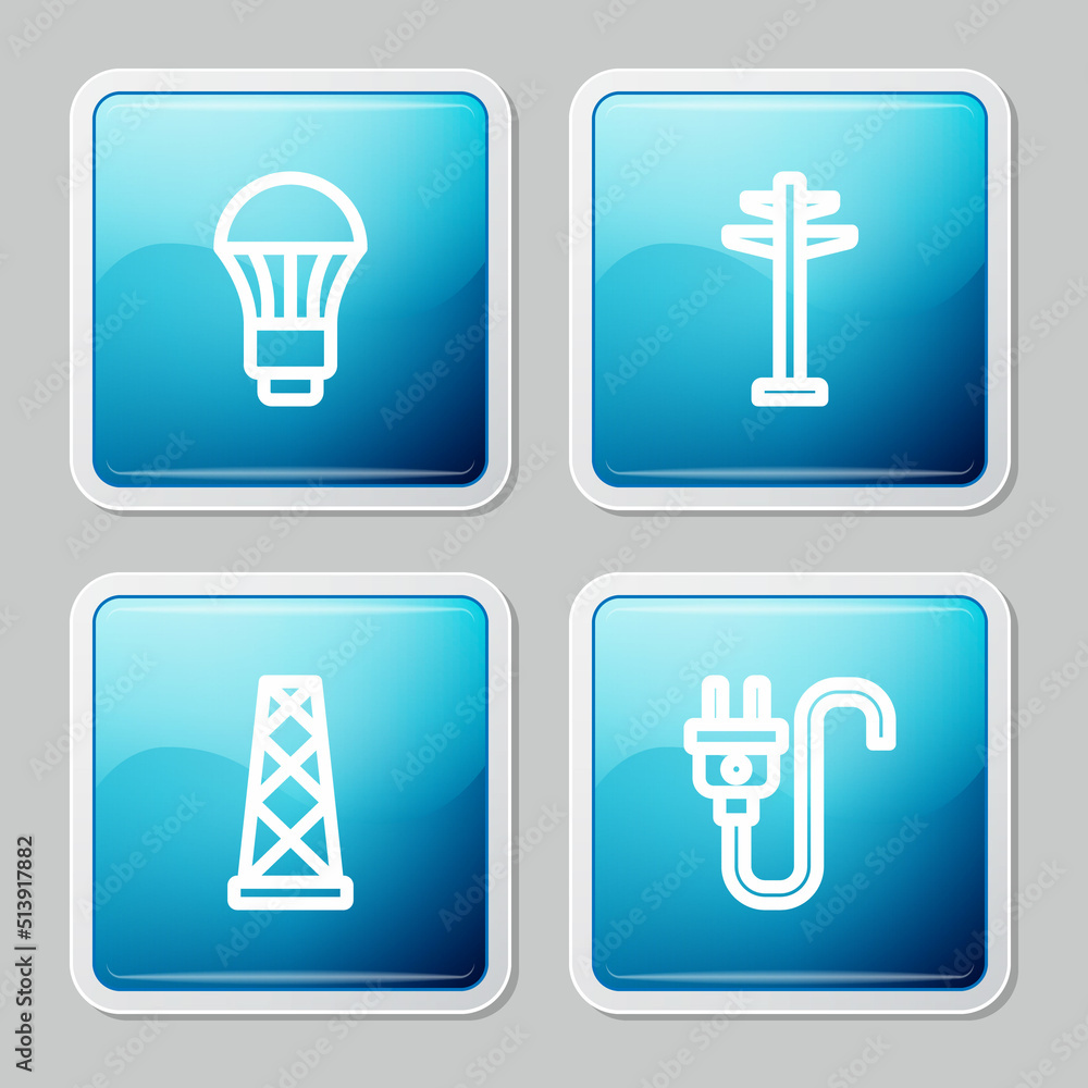 Set line LED light bulb, Electric tower, Antenna and plug icon. Vector Set line LED light bulb, Electric tower, Antenna and plug icon. Vector