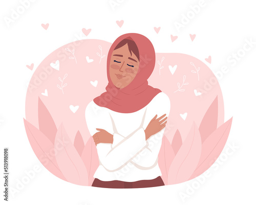 Pretty woman with healthy self esteem 2D vector isolated illustration. Embracing herself flat character on cartoon background. Positive colourful editable scene for mobile, website, presentation