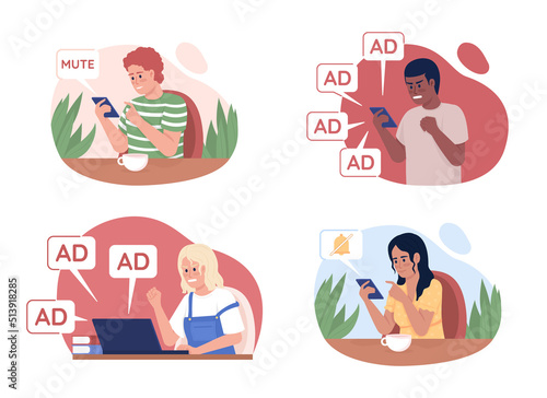 Internet users issues 2D vector isolated illustration set. Flat characters on cartoon background. Colourful editable scene for mobile, website, presentation collection. Quicksand font used