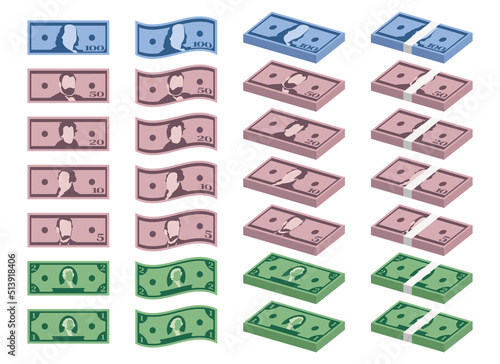 US currency, flat simple illustration collection of banknotes of the US dollar isolated on white background