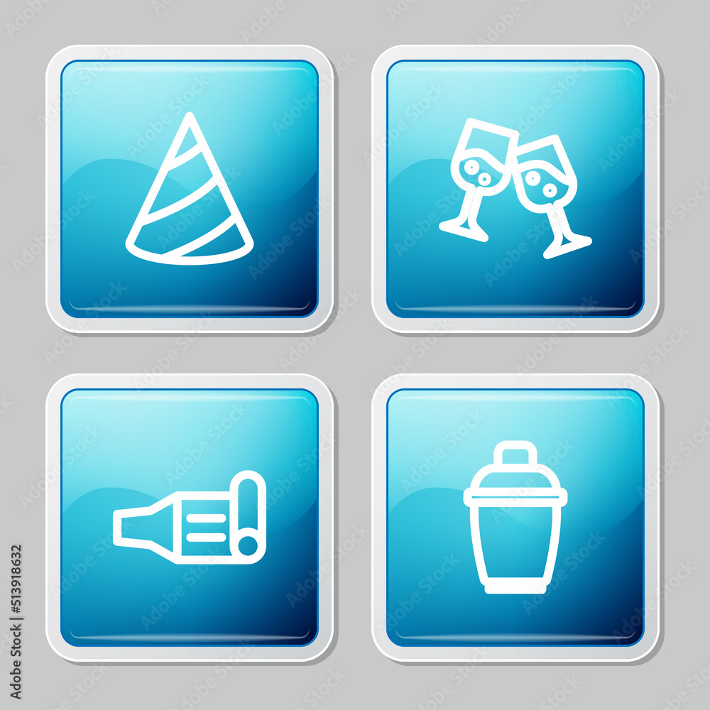 Set line Party hat, Glass of champagne, Birthday party horn and Cocktail shaker icon. Vector