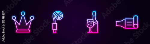 Set line Crown, Birthday party horn, Champagne bottle and . Glowing neon icon. Vector
