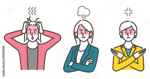 Vector illustration set of three angry women holding their heads or crossing their arms