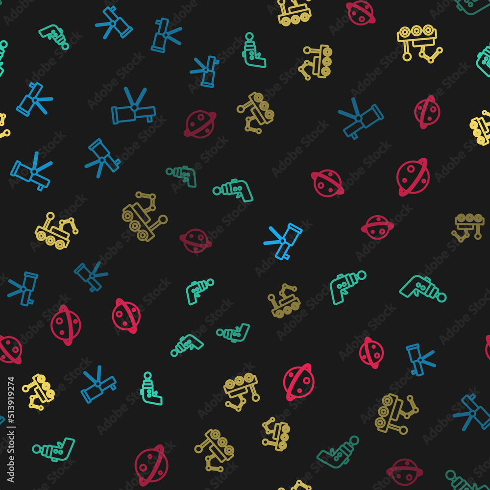 Set line Telescope, Ray gun, Mars rover and Planet Saturn on seamless pattern. Vector Set line Telescope, Ray gun, Mars rover and Planet Saturn on seamless pattern. Vector