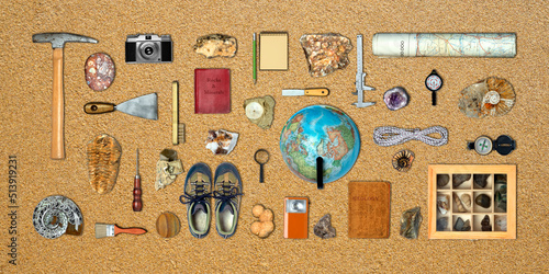 Topview of Set Fieldwork Geology Tools on Textured Background