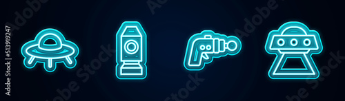 Set line UFO flying spaceship, Rocket, Ray gun and . Glowing neon icon. Vector