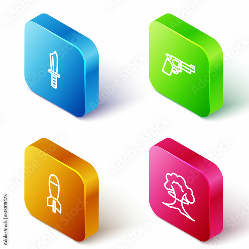 Set Isometric line Military knife, Pistol or gun, Rocket launcher and Nuclear explosion icon. Vector