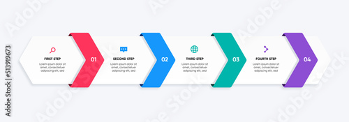 4 steps infographic hexagonal design with arrows. Infographic step-by-step design with shadow and icon.