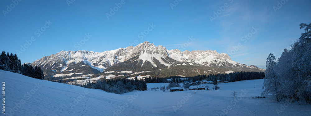 winter scenery Wilder Kaiser mountain mass, blue sky