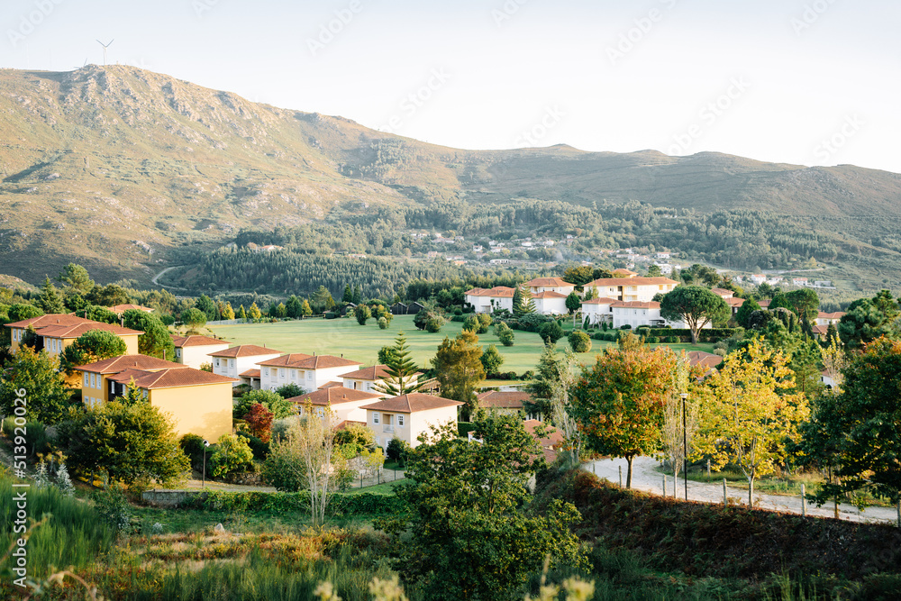 Small rural village near a mountain