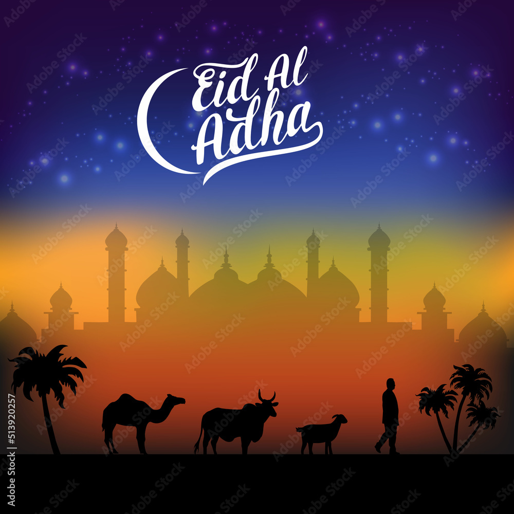 Islamic flat design illustration concept for Happy eid al adha or sacrifice celebration event