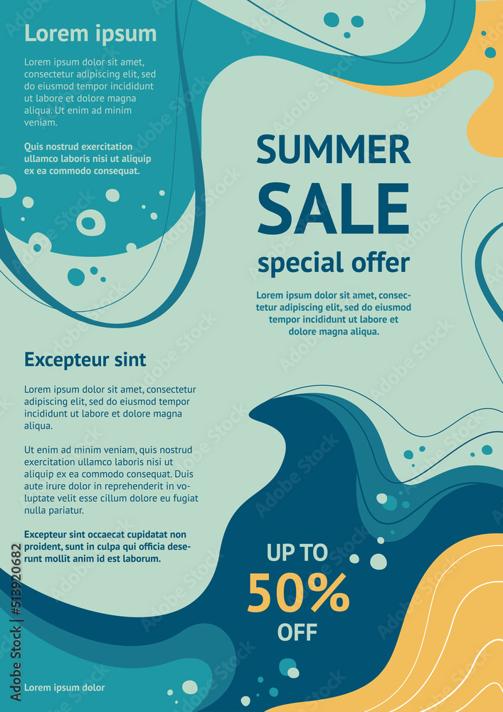 Abstract summer sale frame. Blue, turquoise abstract background. Template, banner, flyer for your design. Vector illustration in flat style.