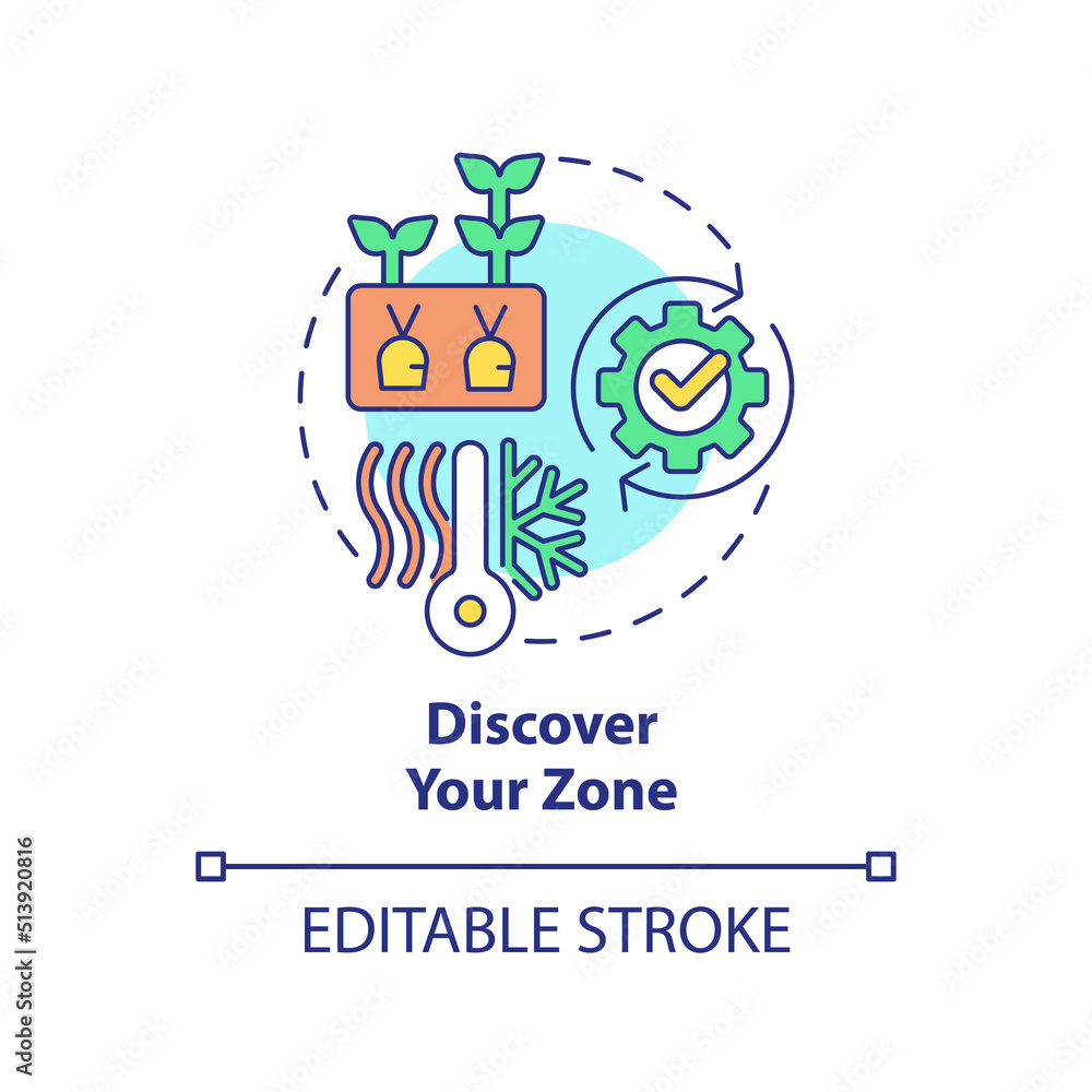 Discover your zone concept icon. Climatic condition. Gardening tip abstract idea thin line illustration. Isolated outline drawing. Editable stroke. Arial, Myriad Pro-Bold fonts used Discover your zone concept icon. Climatic condition. Gardening tip abstract idea thin line illustration. Isolated outline drawing. Editable stroke. Arial, Myriad Pro-Bold fonts used