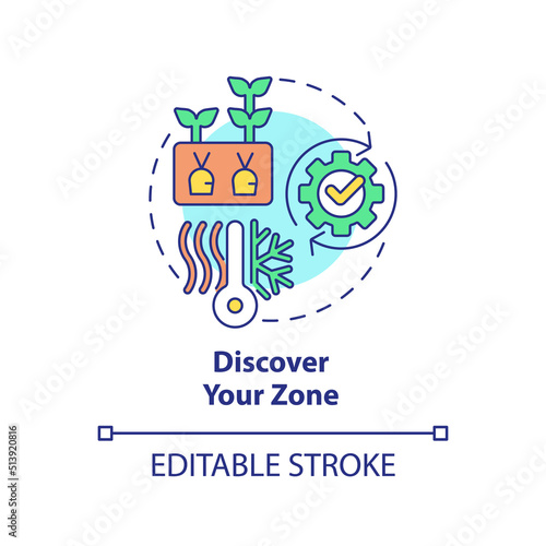 Discover your zone concept icon. Climatic condition. Gardening tip abstract idea thin line illustration. Isolated outline drawing. Editable stroke. Arial, Myriad Pro-Bold fonts used