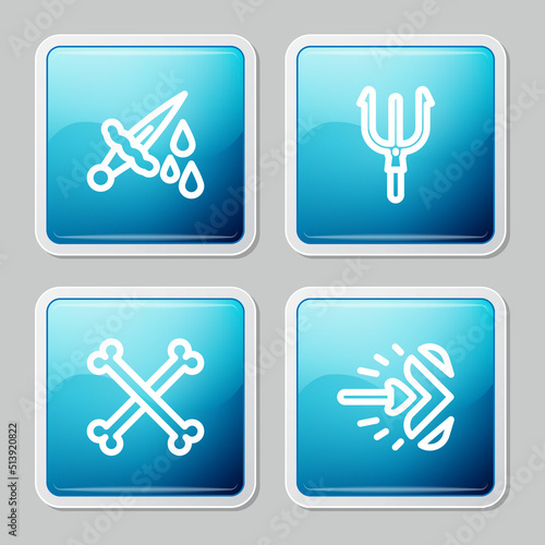 Set line Sword with blood, Neptune Trident, Crossed human bones and Magic arrow icon. Vector