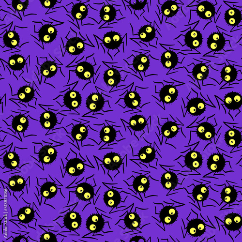 Seamless pattern of cute little spiders with eyes. Halloween vector backgrounds and textures. Isolated, hand drawn illustration