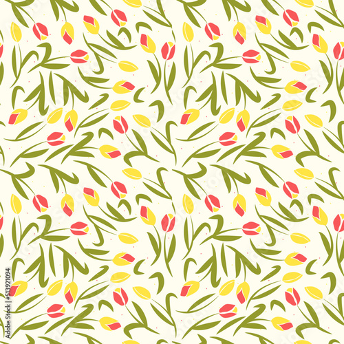 Vector seamless tulip pattern. Yellow and red tulips with green leaves. Floral pattern for fabric, clothing or umbrella print.