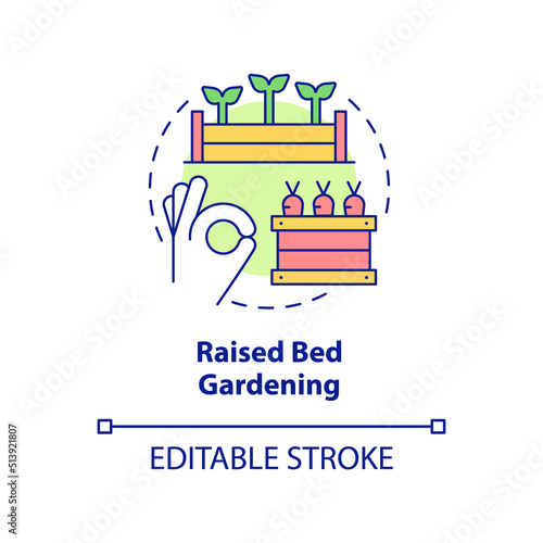 Raised bed gardening concept icon. Freestanding construction. Gardening method abstract idea thin line illustration. Isolated outline drawing. Editable stroke. Arial, Myriad Pro-Bold fonts used
