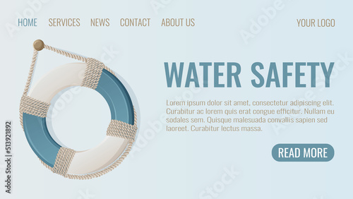 Water safety, lifebuoy with rope, light web template, vector illustration in cartoon nautical marine style. For banner, poster, website interface,  landing page. Concept of rest at the beach, pool