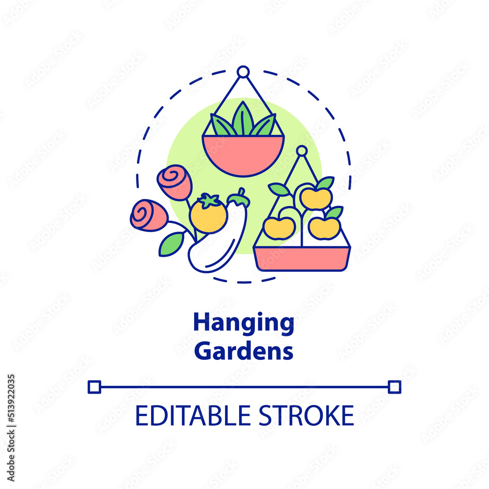 Hanging gardens concept icon. Suspended baskets for planting. Gardening method abstract idea thin line illustration. Isolated outline drawing. Editable stroke. Arial, Myriad Pro-Bold fonts used