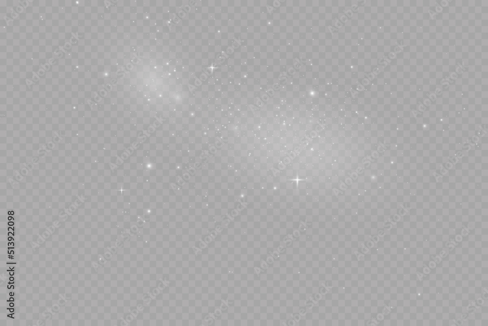 Dust sparks and stars shine with a special light. Christmas light effect. Glittering particles of magic dust.Vector sparkles on a transparent background.