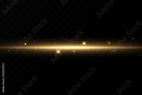Gold horizontal lens flares pack. Laser beams, horizontal light rays. Glow transparent vector light effect set, explosion, shine, spark, solar flare.