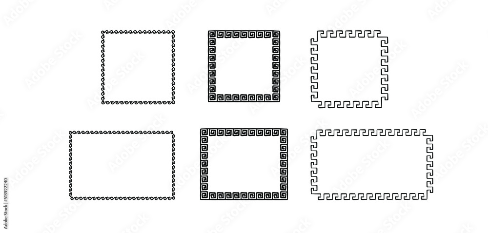 black vector rectangle frames with meander pattern set. Greek key decorative border, constructed from continuous lines, shaped into a repeated motif. black vector rectangle frames with meander pattern set. Greek key decorative border, constructed from continuous lines, shaped into a repeated motif.