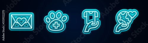 Set line Envelope with heart, Veterinary clinic, Clothes donation and Hand holding Earth globe. Glowing neon icon. Vector