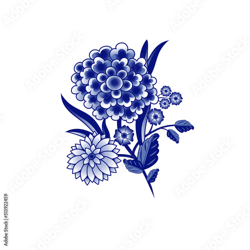 .Blue and white bouquet of abstract flowers.  Design elements on a white background. Chinese style decoration. Floral vector template.