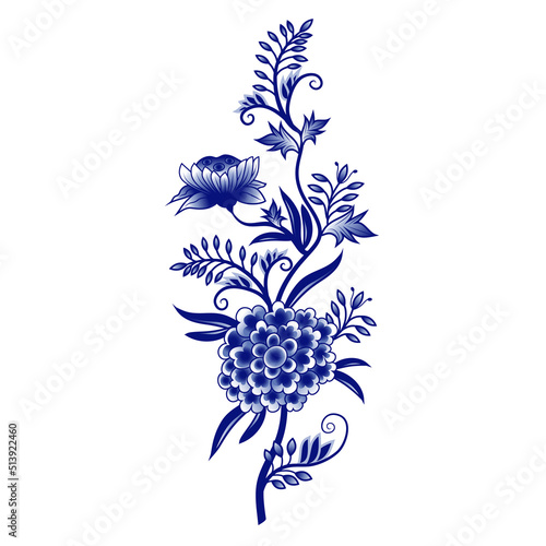 .Blue and white bouquet of abstract flowers.  Design elements on a white background. Chinese style decoration. Floral vector template.